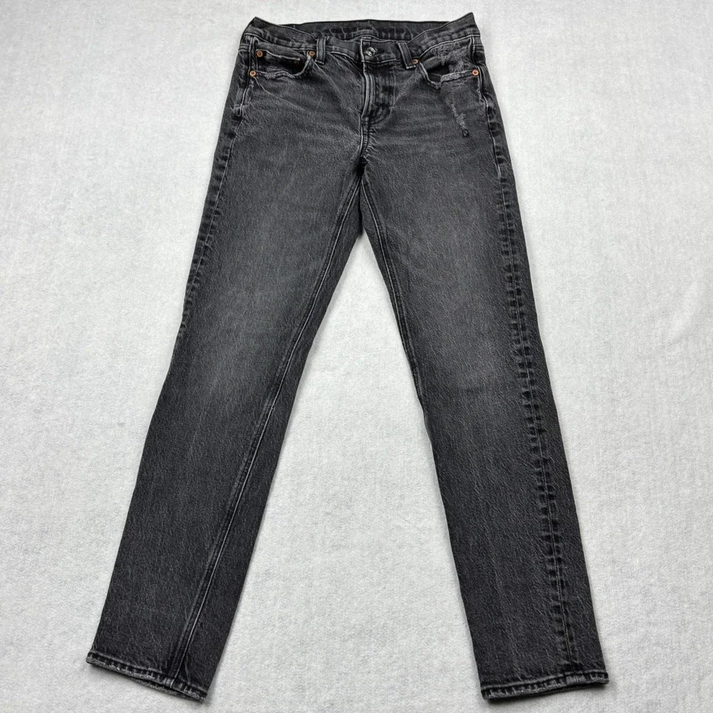 American Eagle Womens 4 Regular Black Washed Distressed High Rise Mom Jeans 4049